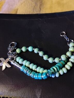 Multi-Strand Turquoise and Aqua Beaded Charm Bracelet